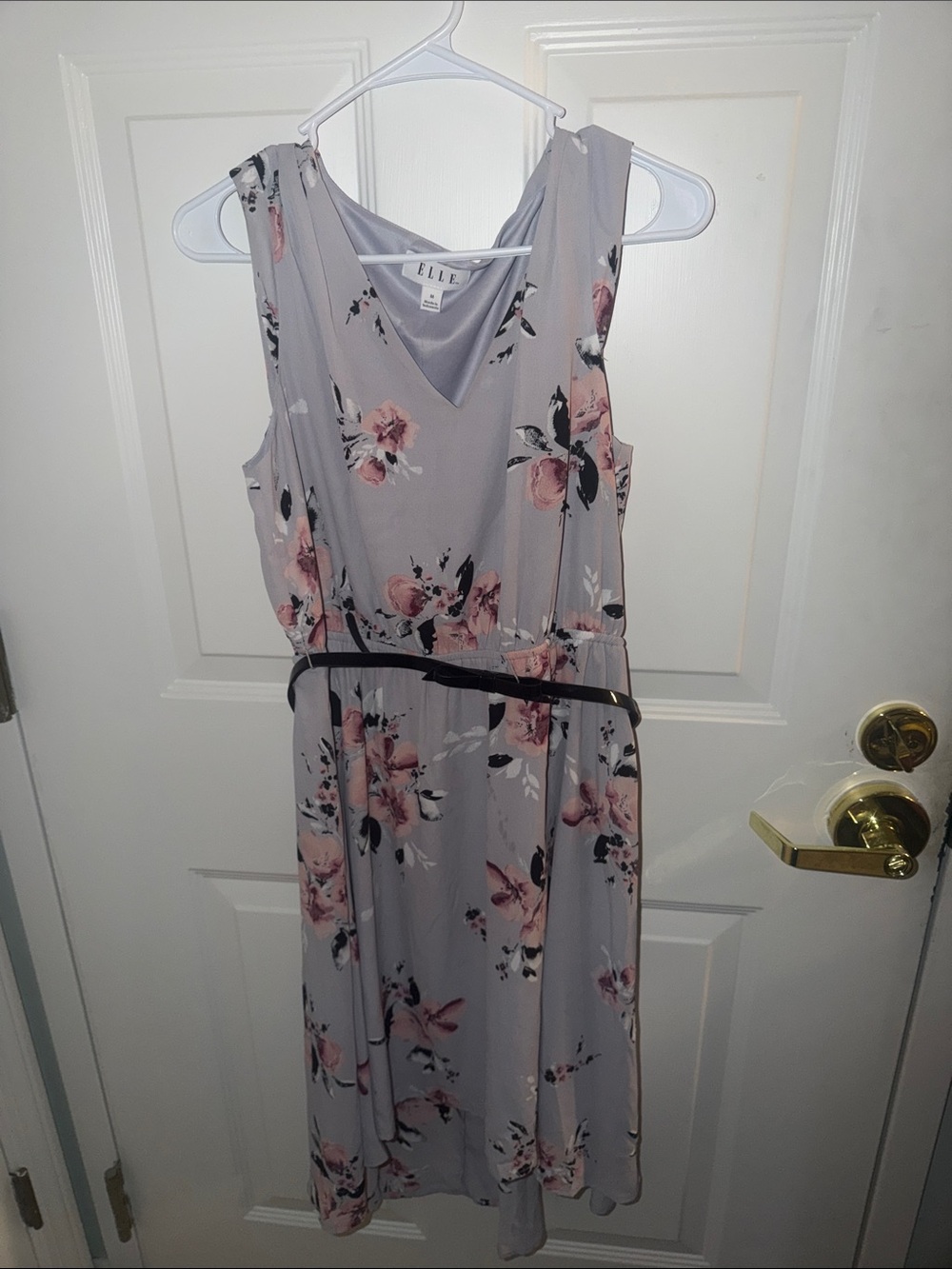 ELLE Dusty Gray Floral Midi Dress with Pink Accents